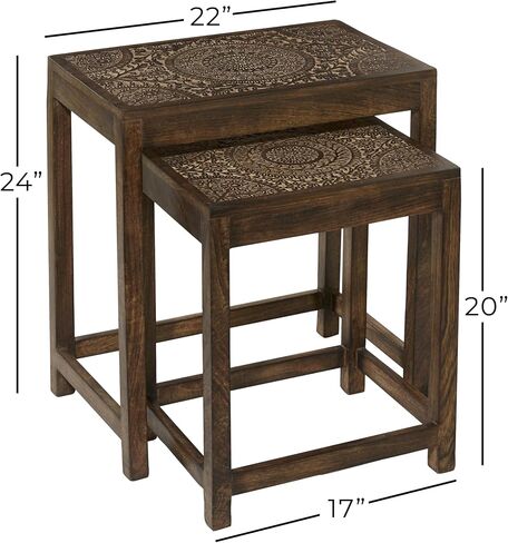 Deco 79 Mango Wood Floral Handmade Side End Accent Table Intricately Carved End Table, Set of 2 Side Table 24", 20"H, Brown in Saudi Arabia