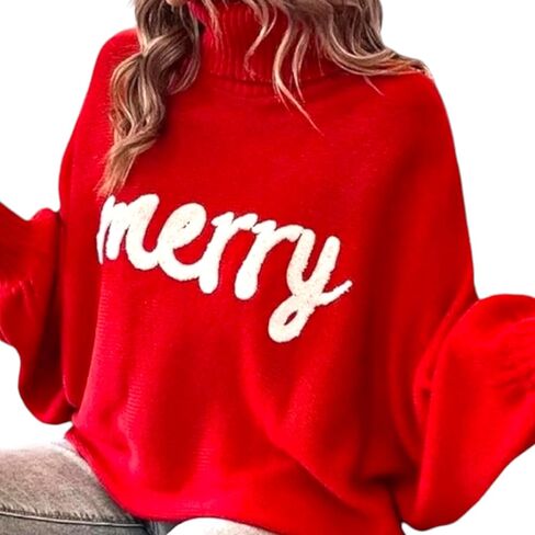 Christmas Holiday Red Merry Embroidered Comfy Knit Turtleneck Sweater (L) in Kuwait