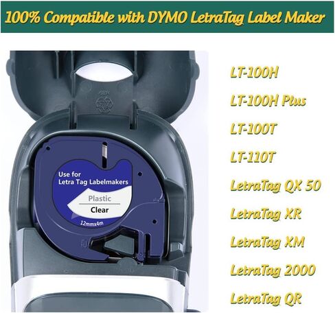 شريط صانع الملصقات الشفاف من Hehua متوافق مع عبوات صانع الملصقات Dymo الشفافة 16952 S0721530 LetraTag عبوات 12 مم × 4 متر لـ Dymo LetraTag LT-100H LT-100T Plus LT-110T QX50 2000 XR، 8 عبوات in Kuwait