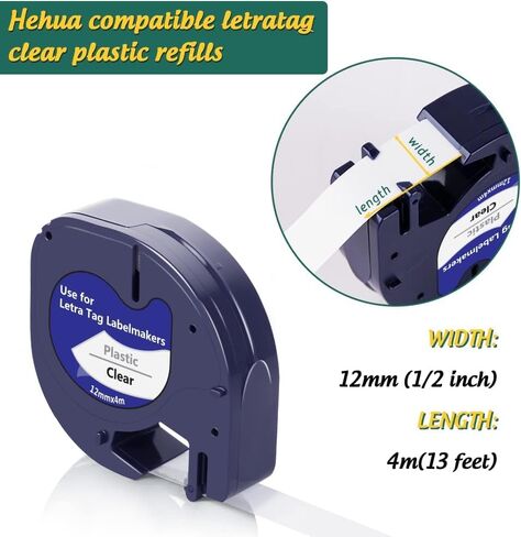 شريط صانع الملصقات الشفاف من Hehua متوافق مع عبوات صانع الملصقات Dymo الشفافة 16952 S0721530 LetraTag عبوات 12 مم × 4 متر لـ Dymo LetraTag LT-100H LT-100T Plus LT-110T QX50 2000 XR، 8 عبوات in Kuwait