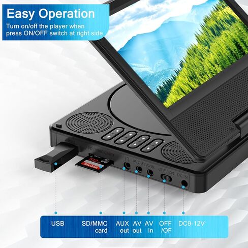 مشغل DVD محمول مقاس 9.5 بوصة للأطفال والسيارة، شاشة دوارة عالية الدقة مقاس 7.5 بوصة مع بطارية مدمجة تدوم من 4 إلى 6 ساعات، يدعم مزامنة الشاشة مع التلفزيون، ويدعم بطاقة SD/USB/تنسيقات الأقراص المتعددة (أسود) in Kuwait