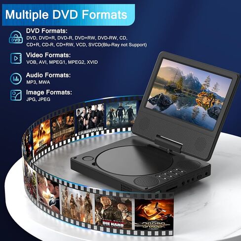 مشغل DVD محمول مقاس 9.5 بوصة للأطفال والسيارة، شاشة دوارة عالية الدقة مقاس 7.5 بوصة مع بطارية مدمجة تدوم من 4 إلى 6 ساعات، يدعم مزامنة الشاشة مع التلفزيون، ويدعم بطاقة SD/USB/تنسيقات الأقراص المتعددة (أسود) in Kuwait
