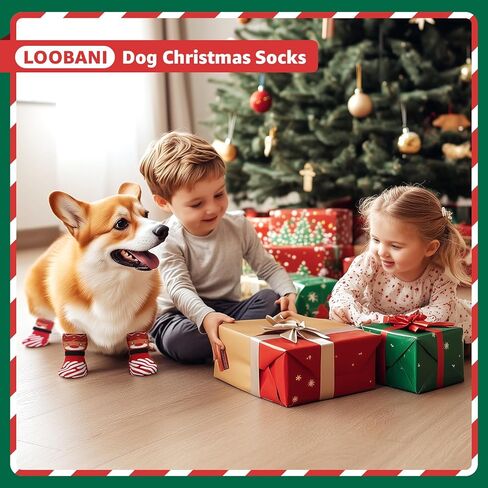 LOOBANI Christmas Dog Socks to Prevent Licking Paws, Hardwood Floors Anti Slip, Non Slip Dog Socks with Grippers Dog Paw Protector, Dog Booties for Indoor Use in Kuwait