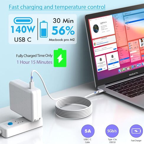 شاحن Macbook Pro Charge، 140 واط سريع Mac book Air/Pro مع كابل شاحن سريع 6FT USB C إلى C لأجهزة Apple MacBook Pro/MacBook Air 16 15 14 13 بوصة، M1 M2 M3، iPad Pro، Samsung Galaxy وجميع أجهزة USB C in Saudi Arabia
