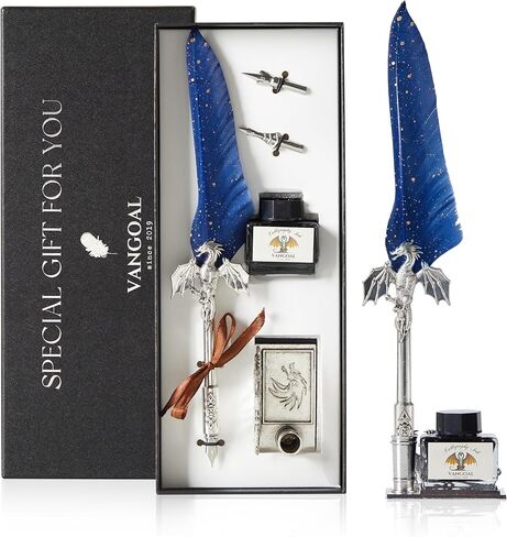 مجموعة أقلام وحبر التنين من VANGOAL، قلم ريش التنين العتيق مع قاعدة قلم مبتكرة، مجموعة هدايا قلم الخط القديم للنحت للكتابة والرسم وتزيين سطح المكتب (أزرق داكن) in Kuwait