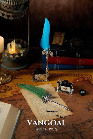 VANGOAL Dragon Quill Pen and Ink Set, Vintage Dragon Feather Pen with Novelty Pen Base, Retro Carving Dip Pen Calligraphy Pen Gift Set for Writing, Drawing, Desktop Decoration(Dark Blue) in Saudi Arabia