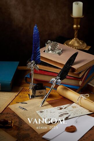 VANGOAL Dragon Quill Pen and Ink Set, Vintage Dragon Feather Pen with Novelty Pen Base, Retro Carving Dip Pen Calligraphy Pen Gift Set for Writing, Drawing, Desktop Decoration(Dark Blue) in Saudi Arabia