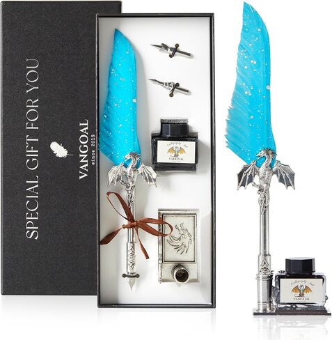 VANGOAL Dragon Quill Pen and Ink Set, Vintage Dragon Feather Pen with Novelty Pen Base, Retro Carving Dip Pen Calligraphy Pen Gift Set for Writing, Drawing, Desktop Decoration(Dark Blue) in Saudi Arabia
