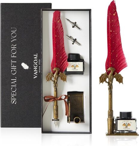 VANGOAL Dragon Quill Pen and Ink Set, Vintage Dragon Feather Pen with Novelty Pen Base, Retro Carving Dip Pen Calligraphy Pen Gift Set for Writing, Drawing, Desktop Decoration(Dark Blue) in Saudi Arabia