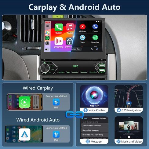 Rimoody Car Stereo Single Din Touchscreen CARPLAY, 7 Inch Flip Out Car Radio 1 DIN with Bluetooth FM Radio Mirror Link for Android/iOS Phone Support TF/USB + Rear View Camera in Saudi Arabia