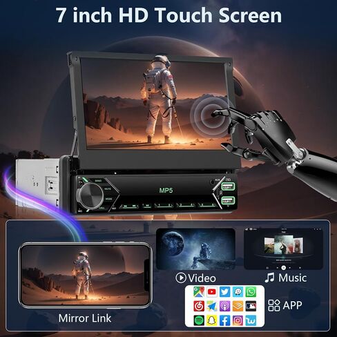 Rimoody Car Stereo Single Din Touchscreen CARPLAY, 7 Inch Flip Out Car Radio 1 DIN with Bluetooth FM Radio Mirror Link for Android/iOS Phone Support TF/USB + Rear View Camera in Saudi Arabia
