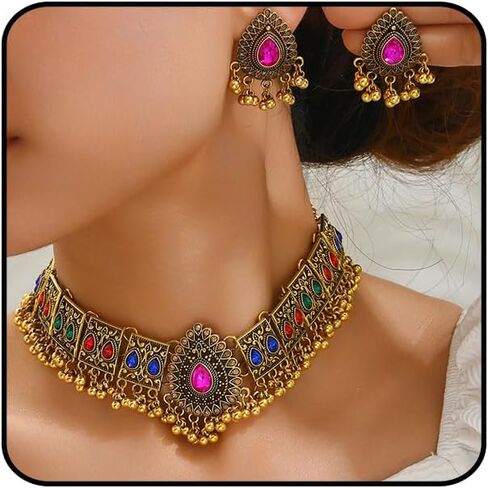 Indian Jewellery Set for Women Handmade Bohemian Red Green Crystal Necklace Bollywood Rhinestone Earrings Traditional Gold Ethnic Style Indian Jewelry for Wedding (Black) in Kuwait