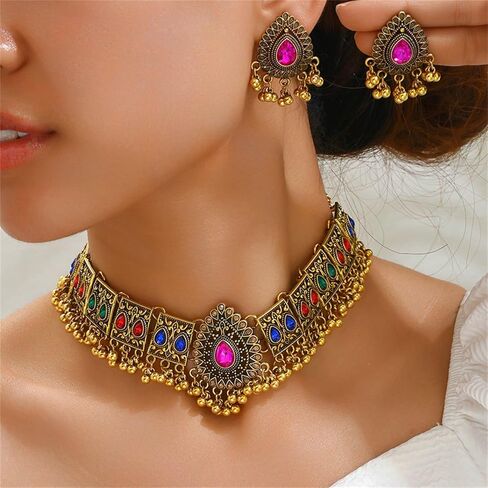 Indian Jewellery Set for Women Handmade Bohemian Red Green Crystal Necklace Bollywood Rhinestone Earrings Traditional Gold Ethnic Style Indian Jewelry for Wedding (Black) in Kuwait