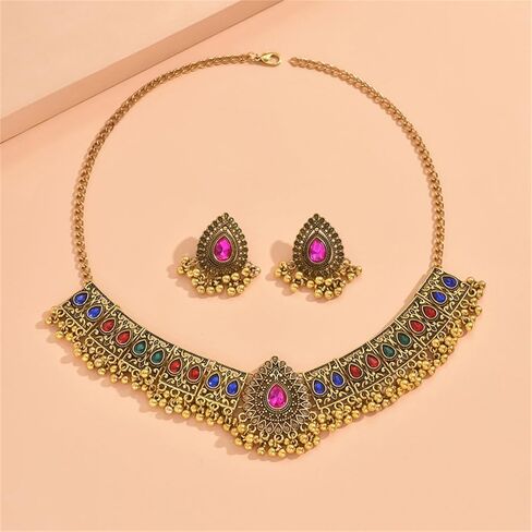 Indian Jewellery Set for Women Handmade Bohemian Red Green Crystal Necklace Bollywood Rhinestone Earrings Traditional Gold Ethnic Style Indian Jewelry for Wedding (Black) in Kuwait