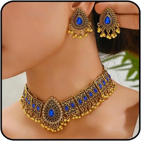 Indian Jewellery Set for Women Handmade Bohemian Red Green Crystal Necklace Bollywood Rhinestone Earrings Traditional Gold Ethnic Style Indian Jewelry for Wedding (Black) in Kuwait