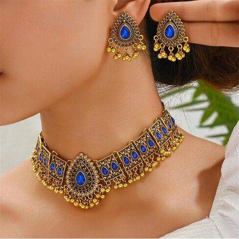 Indian Jewellery Set for Women Handmade Bohemian Red Green Crystal Necklace Bollywood Rhinestone Earrings Traditional Gold Ethnic Style Indian Jewelry for Wedding (Black) in Kuwait