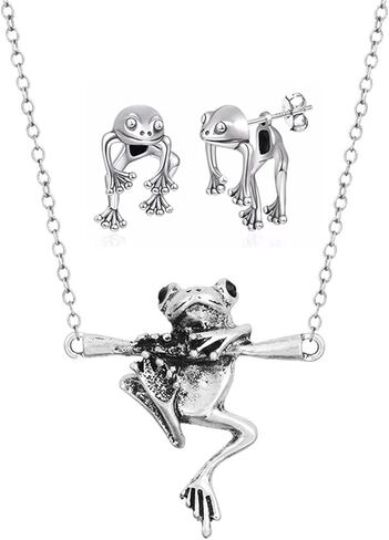WCRAZYE Frog Earrings Necklace Sets for Women Vintage Funny Animal Necklace Simple Cartoon Earrings Cute Animal Frog Earrings (Silver) in Kuwait
