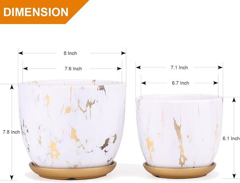 8 Inch Ceramic Plant pots (Set of 2), 8 Inch 7 Inch Modern Flower Planter, Gold Marble Gardening Pots with Drainage Hole and Saucer for Outdoor Indoor Yard Garden Home Office Decoration. in Saudi Arabia