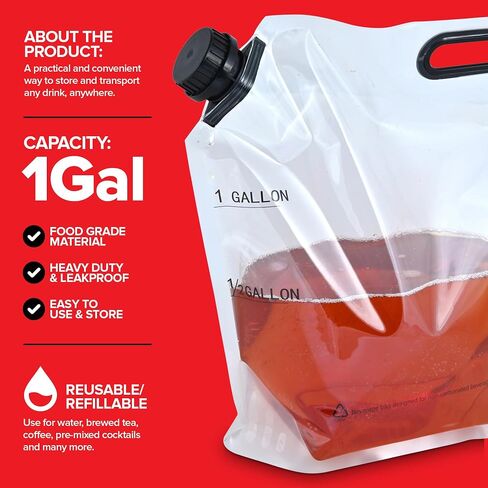 1 Gallon Collapsible Water Container (10 Pack), Food Grade Water Storage Bag, Heavy Duty Leakproof Water Bags for Camping, Hiking, and Emergency Prep, Food Grade Water Storage Containers in Saudi Arabia