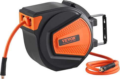 VEVOR Retractable Air Hose Reel, 3/8 IN x 50 FT Hybrid Air Hose Max 300PSI, Air Compressor Hose Reel with 5 ft Lead in, Ceiling/Wall Mount Enclosed Air Reel, 180° Swivel Mount in Saudi Arabia