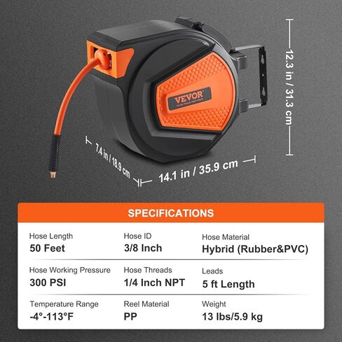 VEVOR Retractable Air Hose Reel, 3/8 IN x 50 FT Hybrid Air Hose Max 300PSI, Air Compressor Hose Reel with 5 ft Lead in, Ceiling/Wall Mount Enclosed Air Reel, 180° Swivel Mount in Saudi Arabia