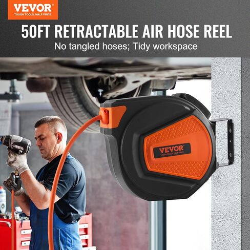 VEVOR Retractable Air Hose Reel, 3/8 IN x 50 FT Hybrid Air Hose Max 300PSI, Air Compressor Hose Reel with 5 ft Lead in, Ceiling/Wall Mount Enclosed Air Reel, 180° Swivel Mount in Saudi Arabia