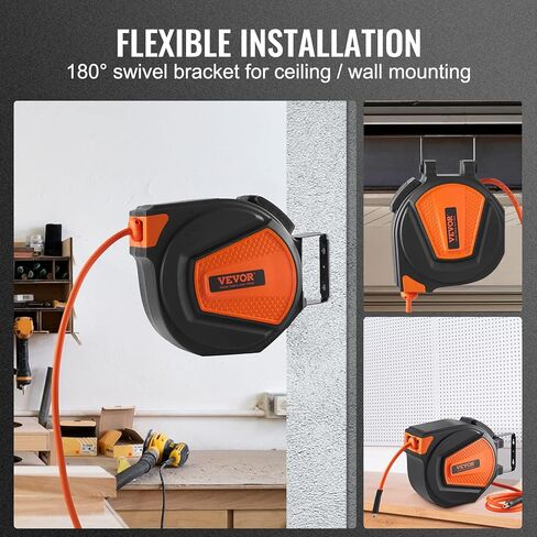 VEVOR Retractable Air Hose Reel, 3/8 IN x 50 FT Hybrid Air Hose Max 300PSI, Air Compressor Hose Reel with 5 ft Lead in, Ceiling/Wall Mount Enclosed Air Reel, 180° Swivel Mount in Saudi Arabia