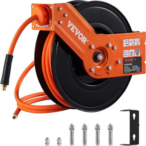 VEVOR بكرة خرطوم هواء قابلة للسحب، 3/8 بوصة × 50 قدم خرطوم هواء هجين بحد أقصى 300 رطل لكل بوصة مربعة، بكرة خرطوم ضاغط الهواء مع 5 أقدام من الرصاص، بكرة هواء مغلقة بالسقف/الجدار، حامل دوار 180 درجة in Saudi Arabia