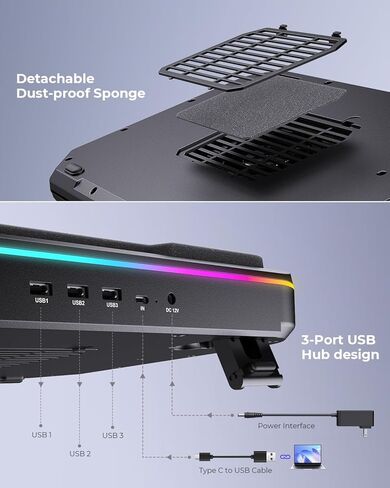 وسادة تبريد للكمبيوتر المحمول من Seeda، مبرد كمبيوتر محمول للألعاب مع مروحة توربو مقاس 4.72 بوصة، ومرشحات غبار، وتحكم باللمس، وإضاءة RGB، ومبرد كمبيوتر محمول مقاس 10-17.3 بوصة مع محور USB ثلاثي المنافذ in Kuwait