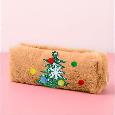 1×Christmas Plush Make Up Storage Bag with Chrismas Tree Pattern Handbag for Women Soft P0mpom Balls Korean Stylish Zipper Bag Stationery Cases Cluches Kawai Handmade Gift for Party(Khaki) in Saudi Arabia
