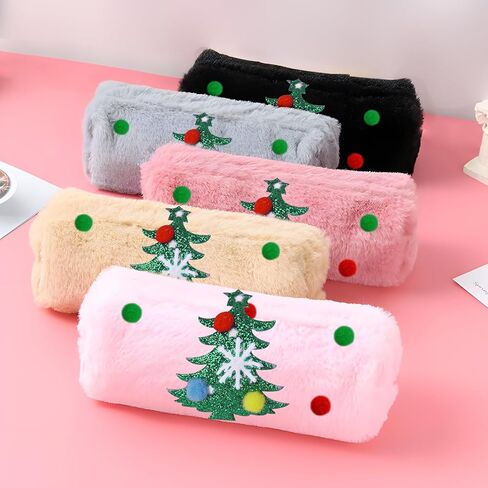 1×Christmas Plush Make Up Storage Bag with Chrismas Tree Pattern Handbag for Women Soft P0mpom Balls Korean Stylish Zipper Bag Stationery Cases Cluches Kawai Handmade Gift for Party(Khaki) in Saudi Arabia