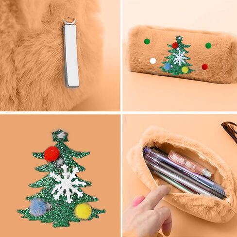 1×Christmas Plush Make Up Storage Bag with Chrismas Tree Pattern Handbag for Women Soft P0mpom Balls Korean Stylish Zipper Bag Stationery Cases Cluches Kawai Handmade Gift for Party(Khaki) in Saudi Arabia
