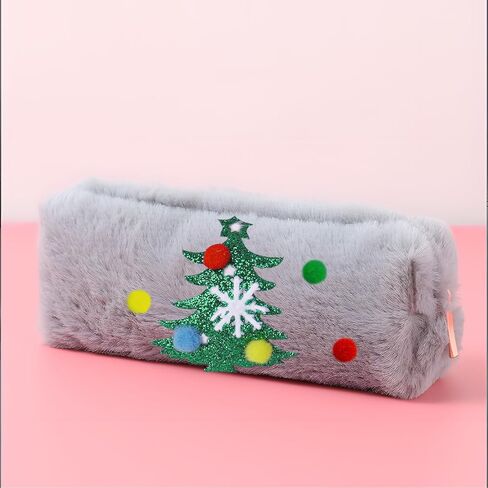 1×Christmas Plush Make Up Storage Bag with Chrismas Tree Pattern Handbag for Women Soft P0mpom Balls Korean Stylish Zipper Bag Stationery Cases Cluches Kawai Handmade Gift for Party(Khaki) in Kuwait