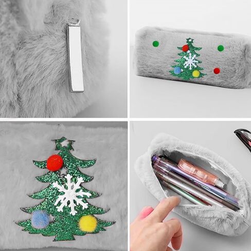 1×Christmas Plush Make Up Storage Bag with Chrismas Tree Pattern Handbag for Women Soft P0mpom Balls Korean Stylish Zipper Bag Stationery Cases Cluches Kawai Handmade Gift for Party(Khaki) in Kuwait