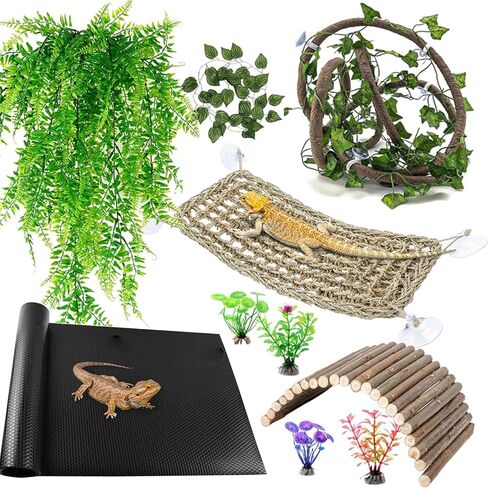 Bearded Dragon Tank Accessories, Reptile Mat Hammock Plants Bridge Jungle Climber Vines Terrarium Decorations for Bearded Dragon Lizard Snake (10 PCS with Reptile Mat) in Kuwait