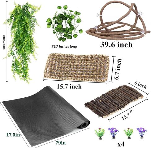 Bearded Dragon Tank Accessories, Reptile Mat Hammock Plants Bridge Jungle Climber Vines Terrarium Decorations for Bearded Dragon Lizard Snake (10 PCS with Reptile Mat) in Kuwait