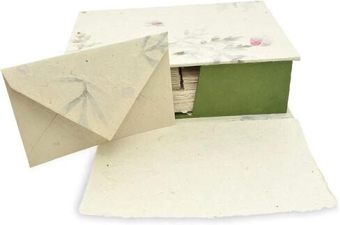 Kathmandu Valley Co. Vintage Stationery Gift Box Set with 50 Handmade A5 Deckle-edge Lokta Paper Sheets and 30 Envelopes (Forest Wanderer) in Kuwait
