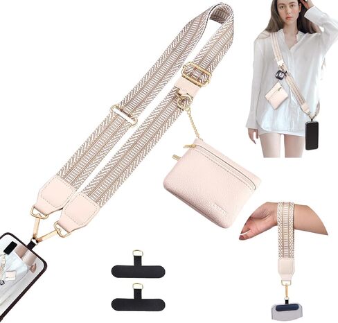 حزام OUTXE Clip and Go للهاتف مع محفظة كروس، حزام معصم قابل للفصل يوفر للفتيات حبل مضاد للسرقة مع حقيبة بسحاب و2* عروة من النايلون لجميع الهواتف (بيج بوهيمي) in Kuwait
