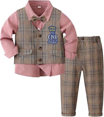 Baby Boy First Birthday Outfit Vest Gentleman Dress Long Sleeve Shirt & Pant Cake Smash Photo Shoot Cloth 1st Birthday Party in Saudi Arabia