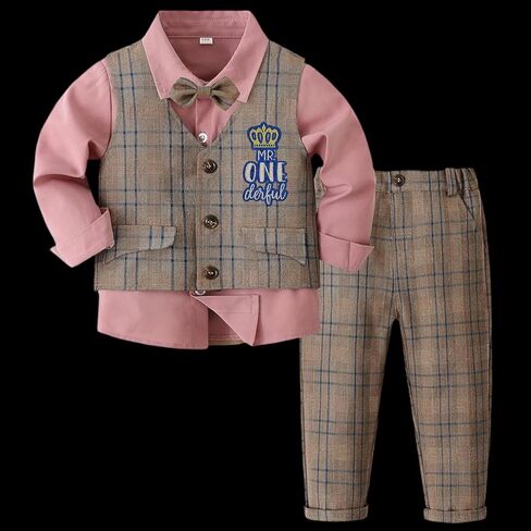 Baby Boy First Birthday Outfit Vest Gentleman Dress Long Sleeve Shirt & Pant Cake Smash Photo Shoot Cloth 1st Birthday Party in Saudi Arabia