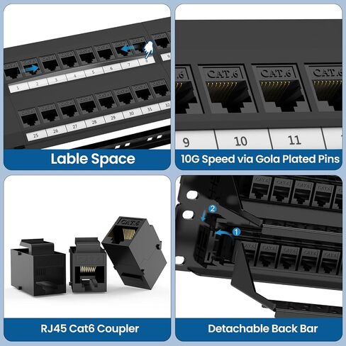 لوحة تصحيح CableGeeker 48 منفذًا، لوحة تصحيح Cat6 مع دعم RJ45 Pass-Thru Inline Keystone 10G، لوحة تصحيح شبكة 2U UTP 19 بوصة مع شريط خلفي قابل للإزالة، متوافقة مع كابلات Cat6 وCat5e وCat5 in Kuwait