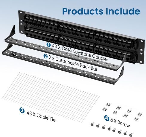 لوحة تصحيح CableGeeker 48 منفذًا، لوحة تصحيح Cat6 مع دعم RJ45 Pass-Thru Inline Keystone 10G، لوحة تصحيح شبكة 2U UTP 19 بوصة مع شريط خلفي قابل للإزالة، متوافقة مع كابلات Cat6 وCat5e وCat5 in Kuwait