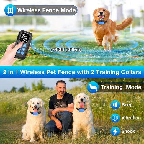 Wireless Dog Fence for 2 Dogs, Wireless Fence for Dogss, Electric Dog Fence, Electric Fence for Dogs, 2 in 1 Wireless Dog Fence System with Waterproof and Rechargeable Dog Training Collar in Saudi Arabia