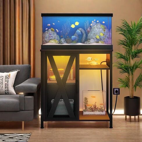 YITAHOME Fish Tank Stand with Power Outlets & LED Light, 20-29 Gallon Metal Aquarium Stand with Cabinet for Fish Tank Accessories Storage for Turtle Tank, Reptile Terrarium, 350LBS Capacity, Black in Saudi Arabia