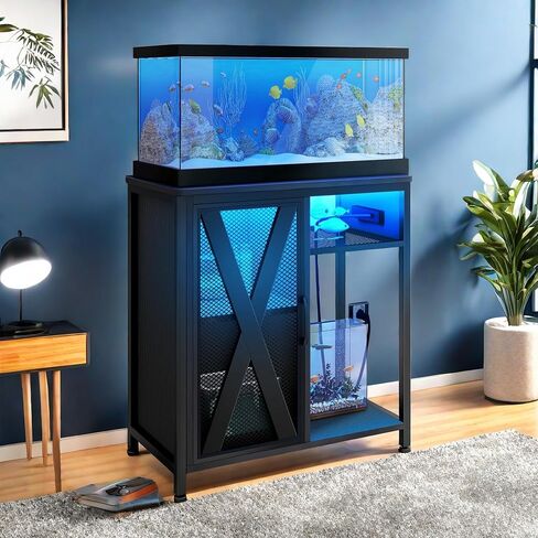 حامل حوض أسماك YITAHOME مع منافذ طاقة وإضاءة LED، حامل حوض أسماك معدني سعة 20-29 جالونًا مع خزانة لتخزين ملحقات خزان الأسماك لخزان السلاحف، تررم الزواحف، سعة 350 رطل، أسود in Kuwait