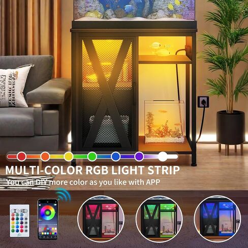 حامل حوض أسماك YITAHOME مع منافذ طاقة وإضاءة LED، حامل حوض أسماك معدني سعة 20-29 جالونًا مع خزانة لتخزين ملحقات خزان الأسماك لخزان السلاحف، تررم الزواحف، سعة 350 رطل، أسود in Kuwait