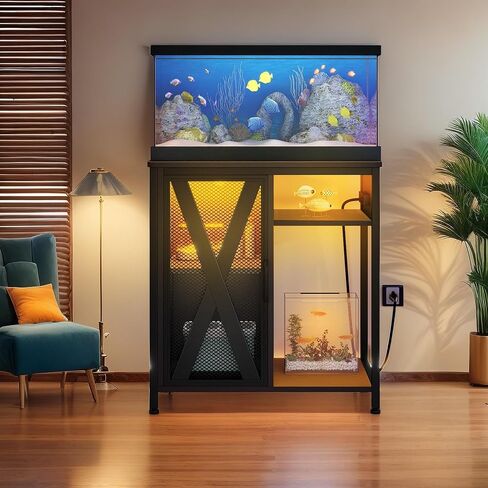 YITAHOME Fish Tank Stand with Power Outlets & LED Light, 20-29 Gallon Metal Aquarium Stand with Cabinet for Fish Tank Accessories Storage for Turtle Tank, Reptile Terrarium, 350LBS Capacity, Black in Saudi Arabia