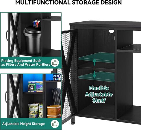 حامل حوض أسماك YITAHOME مع منافذ طاقة وإضاءة LED، حامل حوض أسماك معدني سعة 20-29 جالونًا مع خزانة لتخزين ملحقات خزان الأسماك لخزان السلاحف، تررم الزواحف، سعة 350 رطل، أسود in Kuwait