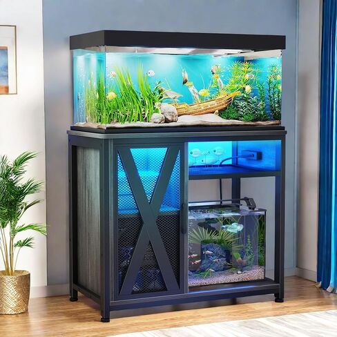 YITAHOME Fish Tank Stand with Power Outlets & LED Light, 20-29 Gallon Metal Aquarium Stand with Cabinet for Fish Tank Accessories Storage for Turtle Tank, Reptile Terrarium, 350LBS Capacity, Black in Saudi Arabia