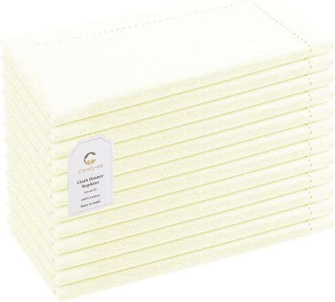 Set of 12 Hemstitch Cloth Napkins 100% Cotton 18x18 inches - Soft Durable Washable - Ideal for Events Wedding Christmas Easter - Perfect Everyday Use Table Dinner Napkins Cream Ivory in Saudi Arabia
